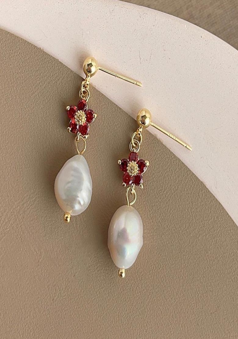 Gold Plated Dainty Floral Red Zircon And White Pearl Drop Hanging Earrings - Indya