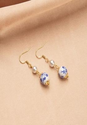 Gold Plated White And Blue Floral Ceramic Drop Hanging Earrings