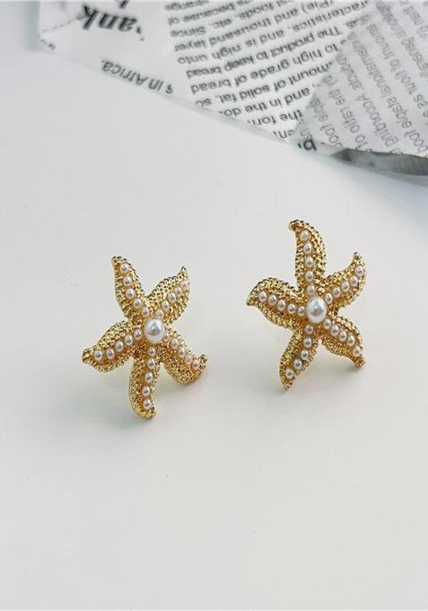 14K Gold Plated Anti Tarnish White Pearl Startfish Stud Earrings