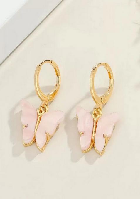 14K Gold Plated Anti Tarnish Dainty Pink Butterfly Drop Earrings