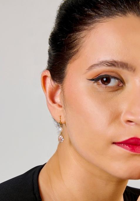 Gold Plated Minimal Dainty Pearl And Rhinestone Drop Hanging Earrings