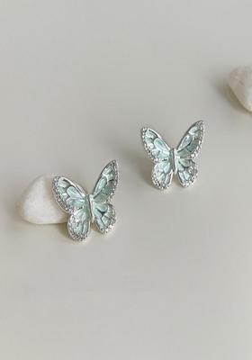 Silver Plated Dainty Minimal Light Green Butterfly Stud Earrings