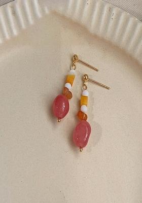 Gold Plated Dainty Orange Natural Stone And Pearl Drop Hanging Earring