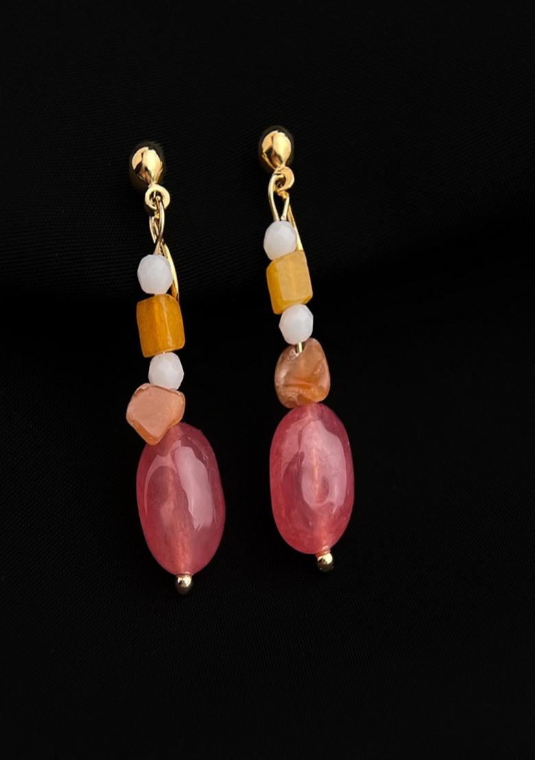 Gold Plated Dainty Orange Natural Stone And Pearl Drop Hanging Earring - Indya