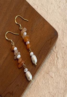 Gold Plated Dainty Orange Natural Stones And Pearl Drop Hanging Earrings