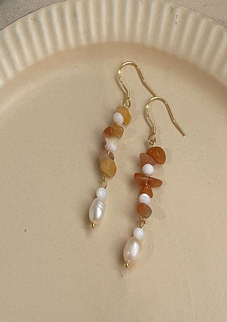 Gold Plated Dainty Orange Natural Stones And Pearl Drop Hanging Earrings - Indya