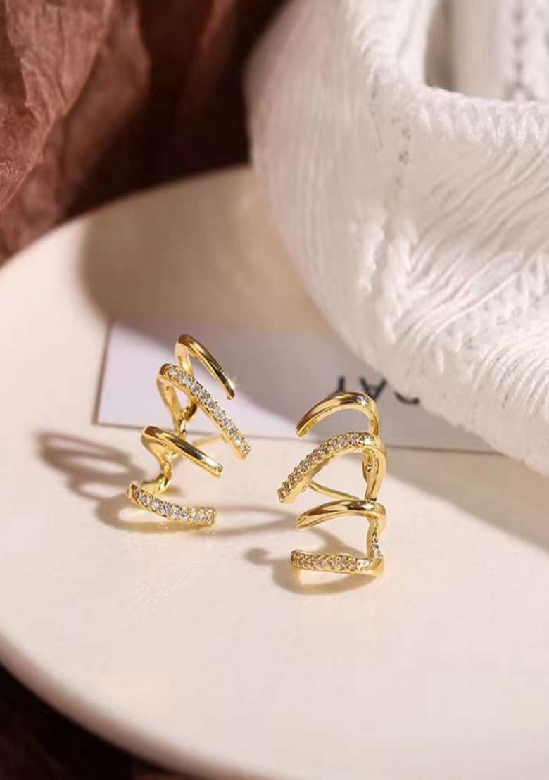 14K Gold Plated Anti Tarnish Minimal Zircon Four Layer Half Hoop Earrings - Indya