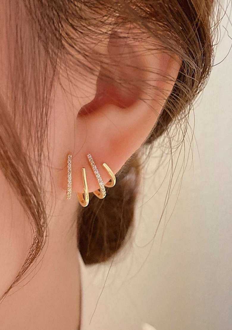14K Gold Plated Anti Tarnish Minimal Zircon Four Layer Half Hoop Earrings - Indya