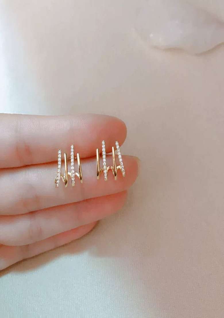 14K Gold Plated Anti Tarnish Minimal Zircon Four Layer Half Hoop Earrings - Indya