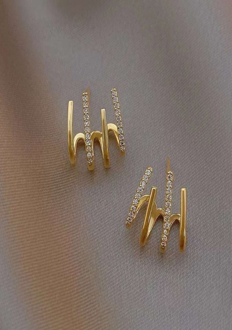 14K Gold Plated Anti Tarnish Minimal Zircon Four Layer Half Hoop Earrings - Indya
