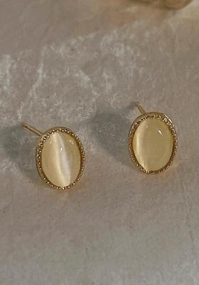 14K Gold Plated Anti Tarnish White Cat  Eye Stone Stud Earrings