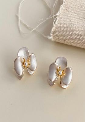 14K Gold Plated Anti Tarnish White Floral Stud Earrings