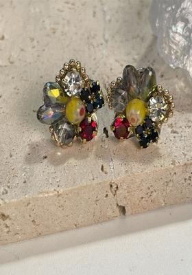 14K Gold Plated Anti Tarnish Multicolor Stone Floral Stud Earrings