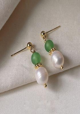 Gold Plated Dainty Green And White Pearl Drop Hanging Earrings