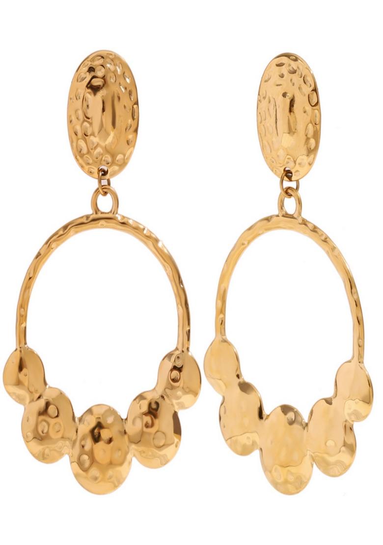 18K Gold Plated Waterproof Antitarnish Hammered Oval Drop Earrings - Indya
