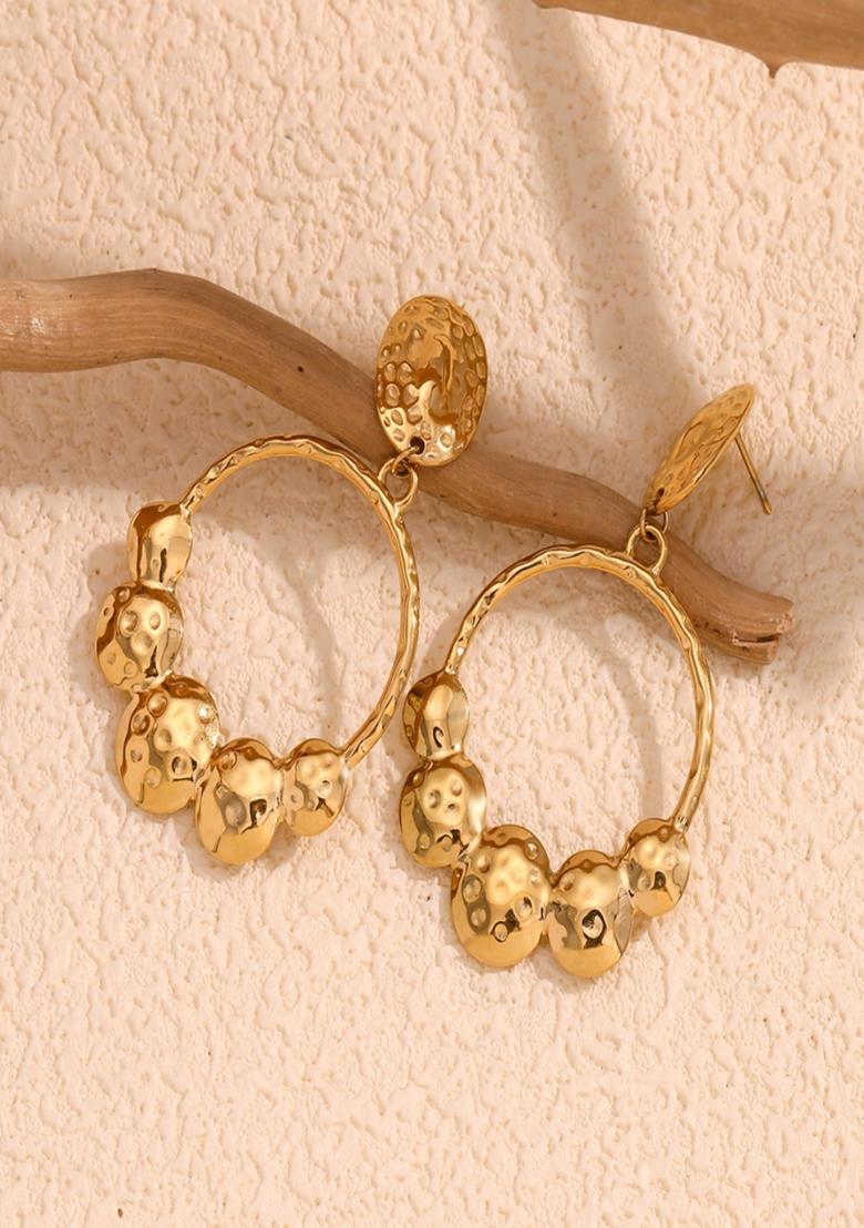 18K Gold Plated Waterproof Antitarnish Hammered Oval Drop Earrings - Indya