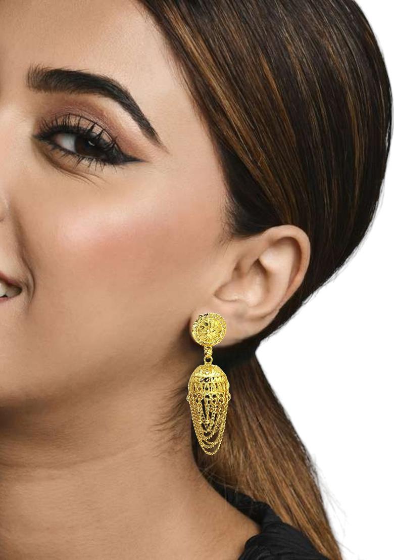 Gold Plated Ornate Layered Jhumka Earrings - Indya
