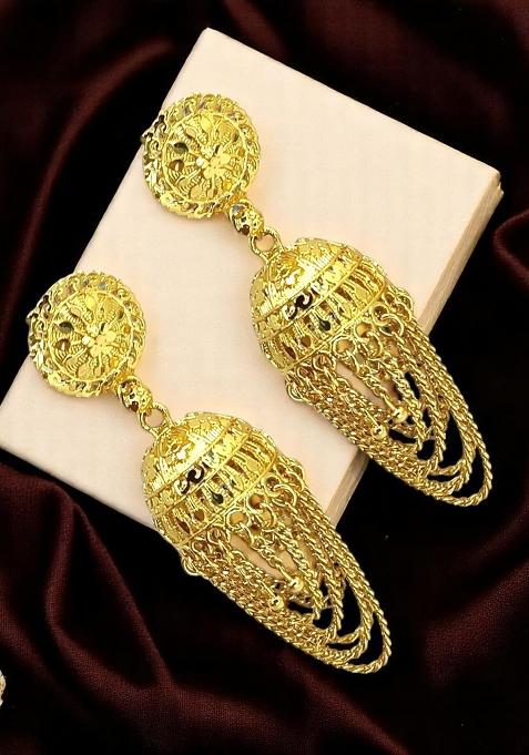 Gold Plated Ornate Layered Jhumka Earrings