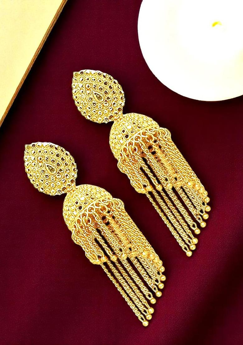 Gold Plated Layered Tasseled Jhumka Earrings