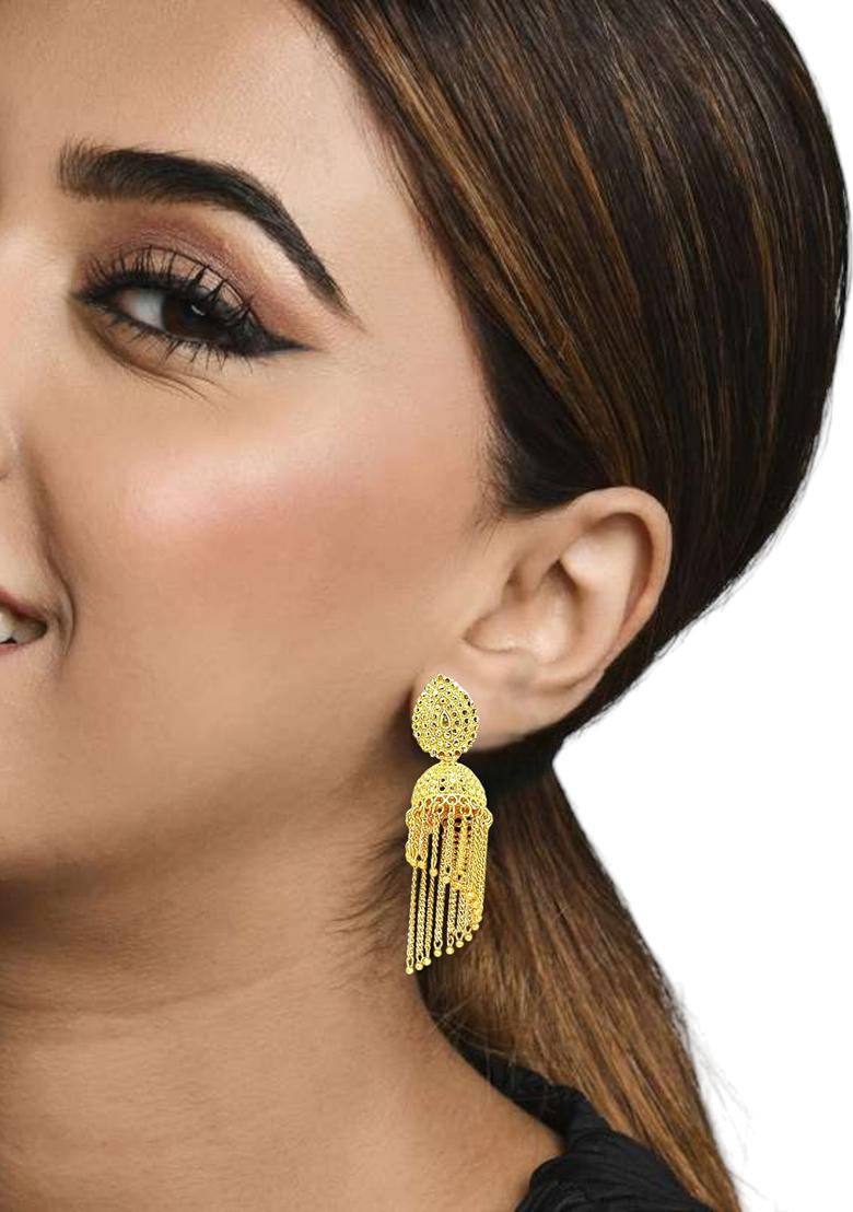 Gold Plated Layered Tasseled Jhumka Earrings