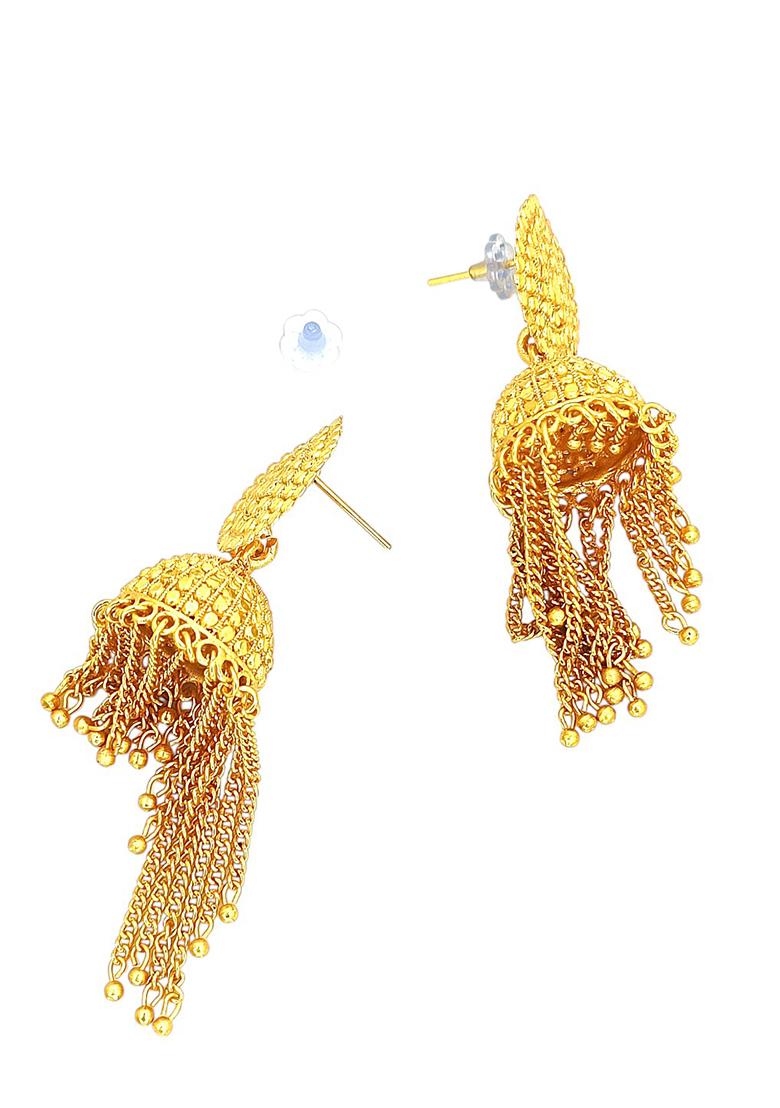 Gold Plated Layered Tasseled Jhumka Earrings