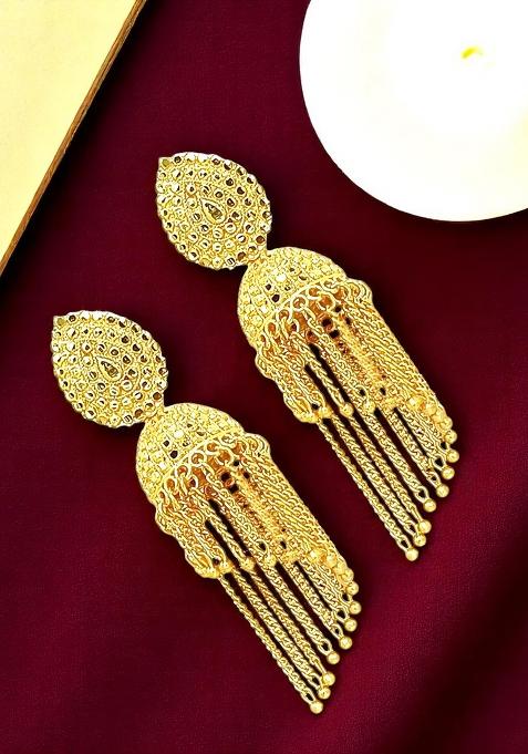 Gold Plated Layered Tasseled Jhumka Earrings