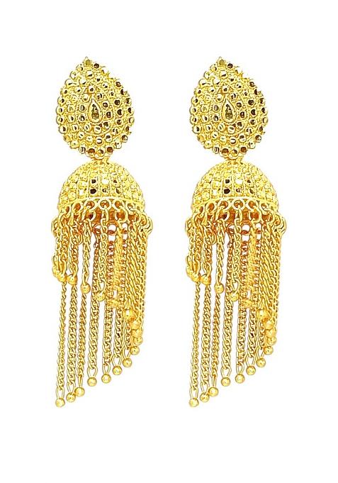 Gold Plated Layered Tasseled Jhumka Earrings