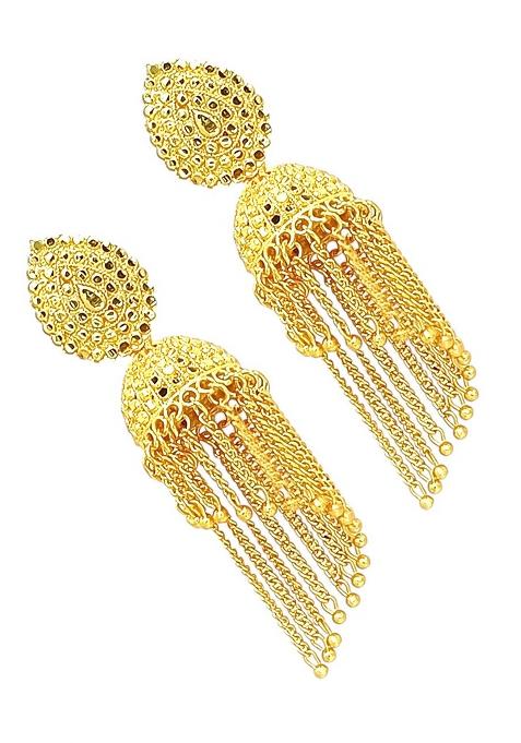 Gold Plated Layered Tasseled Jhumka Earrings