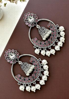 Silver Oxidised Stone And Beads Studded Chandbali Earrings