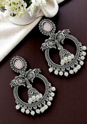 Silver Oxidised Peacock Design Mauve Chandbali Earrings