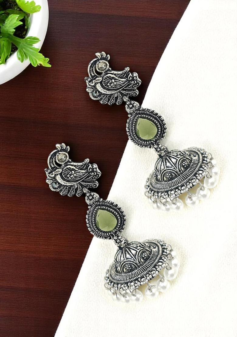 Silver Oxidised Peacock Design Olive Green Long Jhumka Earrings