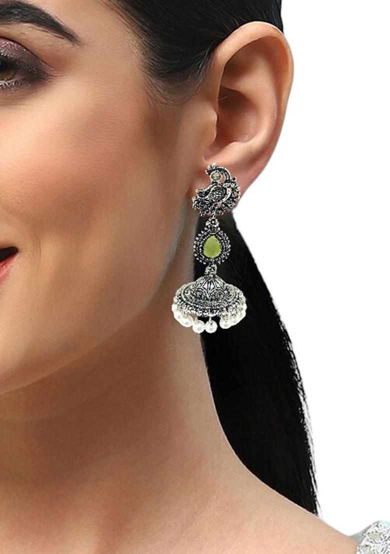Silver Oxidised Peacock Design Olive Green Long Jhumka Earrings