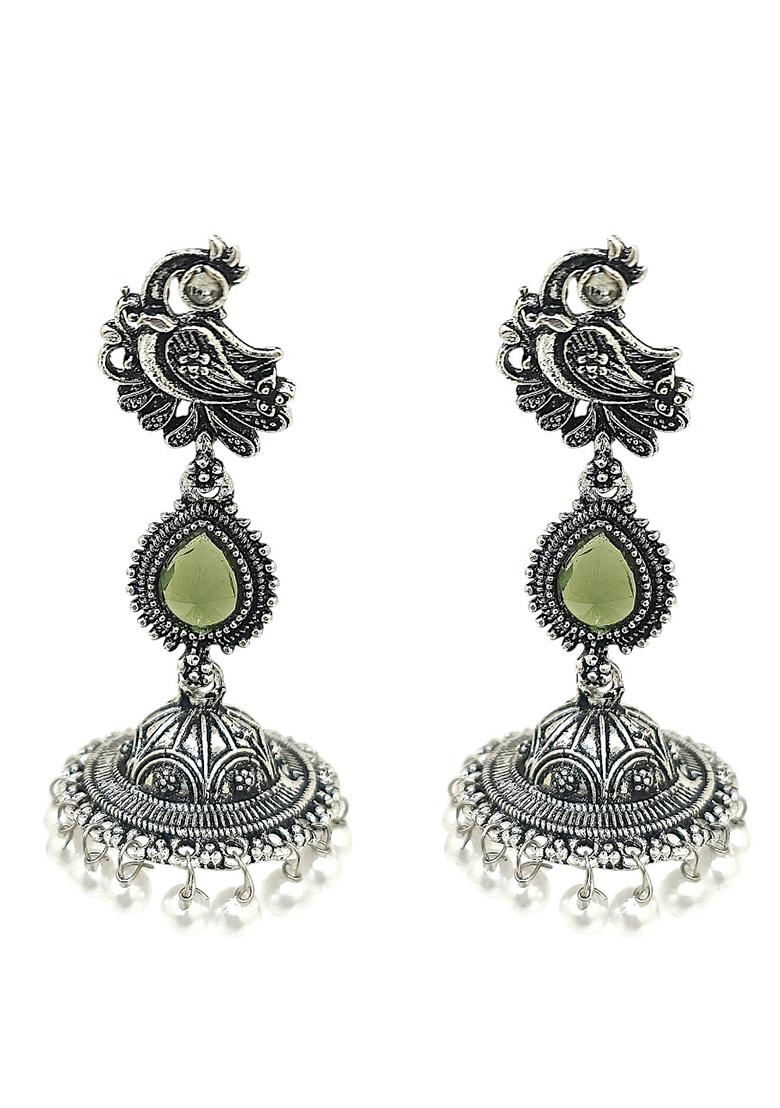 Silver Oxidised Peacock Design Olive Green Long Jhumka Earrings