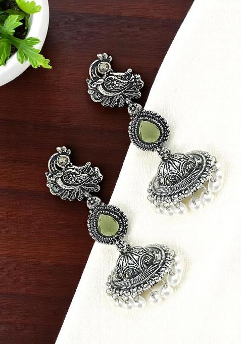 Silver Oxidised Peacock Design Olive Green Long Jhumka Earrings