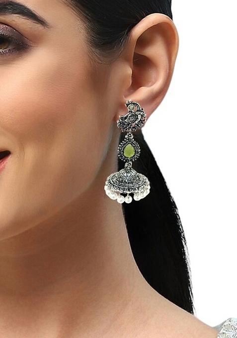 Silver Oxidised Peacock Design Olive Green Long Jhumka Earrings