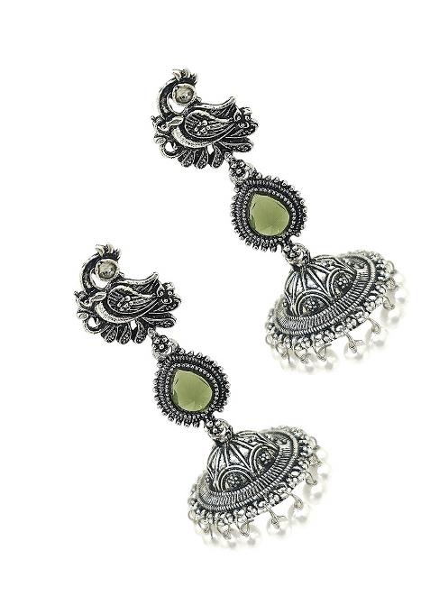 Silver Oxidised Peacock Design Olive Green Long Jhumka Earrings