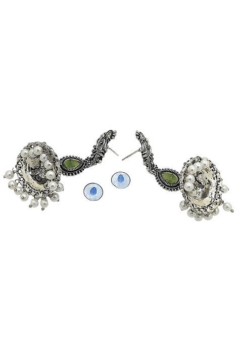 Silver Oxidised Peacock Design Olive Green Long Jhumka Earrings