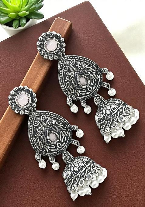 Silver Oxidised Drop Jhumka Earrings