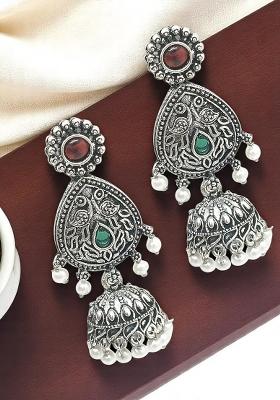 Silver Oxidised Multicolor Drop Jhumka Earrings