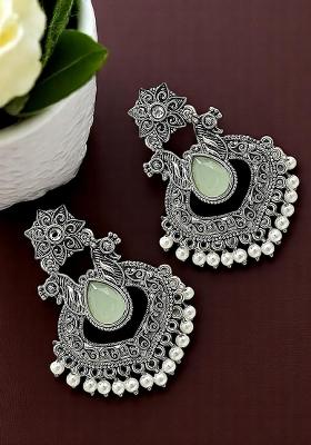 Silver Oxidised Green Stone Studded Chandbali Earrings