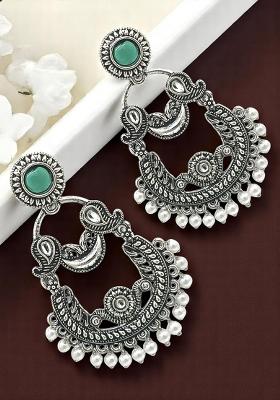 Silver Oxidised Kundan And Stone Studded Chandbali Earrings