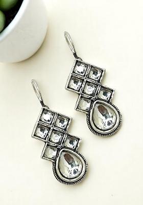 Silver Oxidised White Stone Checkered Drop Earrings