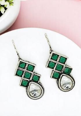 Silver Oxidised Green Stone Checkered Drop Earrings