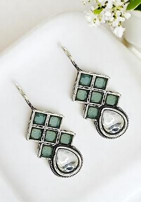 Silver Oxidised Sea Green Stone Checkered Drop Earrings