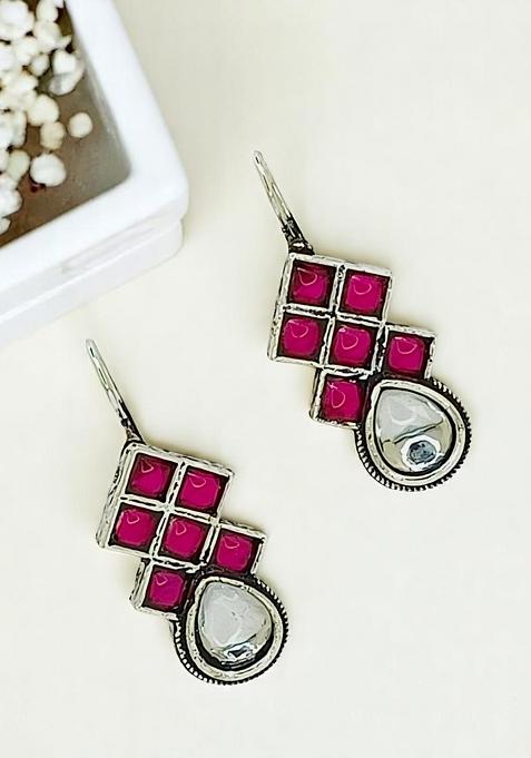 Silver Oxidised Pink Stone Checkered Drop Earrings