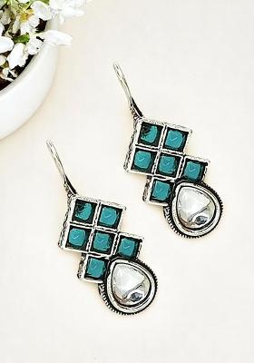 Silver Oxidised Teal Stone Checkered Drop Earrings