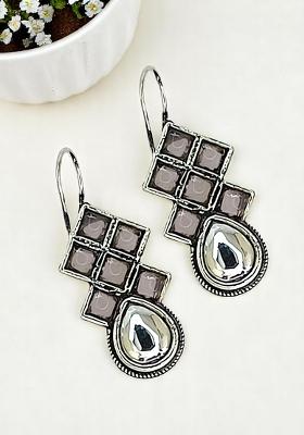 Silver Oxidised Mauve Stone Checkered Drop Earrings