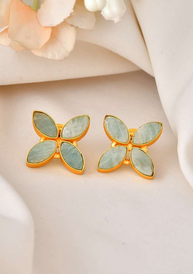 18K Gold Plated Teal Stone Studded Floral Stud Earrings - Indya