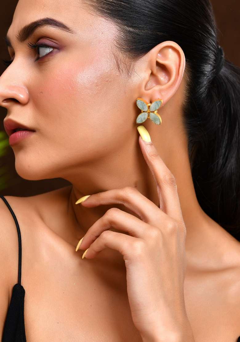 18K Gold Plated Teal Stone Studded Floral Stud Earrings - Indya