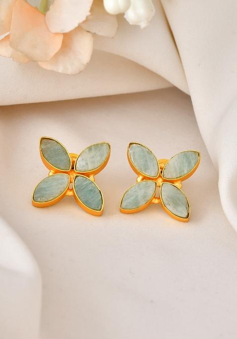 18K Gold Plated Teal Stone Studded Floral Stud Earrings